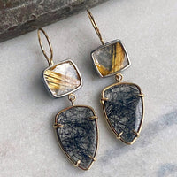Black Tourmalinated Quartz and Golden Rutilated Quartz Earrings